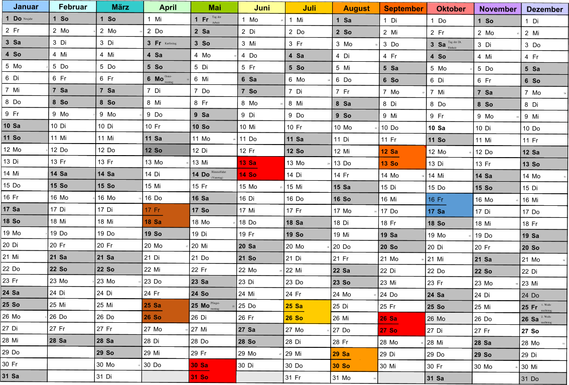 1 Do 1 So 1 So 1 Mi 1 Fr 1 Mo 23 1 Mi 1 Sa 1 Di 1 Do 1 So 1 Di 2 Fr 2 Mo 6 2 Mo 10 2 Do 2 Sa 2 Di 2 Do 2 So 2 Mi 2 Fr 2 Mo 45 2 Mi 3 Sa 3 Di 3 Di 3 Fr 3 So 3 Mi 3 Fr 3 Mo 32 3 Do 3 Sa 3 Di 3 Do 4 So 4 Mi 4 Mi 4 Sa 4 Mo 19 4 Do 4 Sa 4 Di 4 Fr 4 So 4 Mi 4 Fr 5 Mo 2 5 Do 5 Do 5 So 5 Di 5 Fr 5 So 5 Mi 5 Sa 5 Mo 41 5 Do 5 Sa 6 Di 6 Fr 6 Fr 6 Mo Oster- montag 15 6 Mi 6 Sa 6 Mo 28 6 Do 6 So 6 Di 6 Fr 6 So 7 Mi 7 Sa 7 Sa 7 Di 7 Do 7 So 7 Di 7 Fr 7 Mo 37 7 Mi 7 Sa 7 Mo 50 8 Do 8 So 8 So 8 Mi 8 Fr 8 Mo 24 8 Mi 8 Sa 8 Di 8 Do 8 So 8 Di 9 Fr 9 Mo 7 9 Mo 11 9 Do 9 Sa 9 Di 9 Do 9 So 9 Mi 9 Fr 9 Mo 46 9 Mi 10 Sa 10 Di 10 Di 10 Fr 10 So 10 Mi 10 Fr 10 Mo 33 10 Do 10 Sa 10 Di 10 Do 11 So 11 Mi 11 Mi 11 Sa 11 Mo 20 11 Do 11 Sa 11 Di 11 Fr 11 So 11 Mi 11 Fr Tag der  Arbeit Tag der Dt.  Einheit Karfreitag Neujahr Oktober November Januar Februar Mrz April Mai Juni Juli Dezember August September 12 Mo 3 12 Do 12 Do 12 So 12 Di 12 Fr 12 So 12 Mi 12 Sa 12 Mo 42 12 Do 12 Sa 13 Di 13 Fr 13 Fr 13 Mo 16 13 Mi 13 Sa 13 Mo 29 13 Do 13 So 13 Di 13 Fr 13 So 14 Mi 14 Sa 14 Sa 14 Di 14 Do 14 So 14 Di 14 Fr 14 Mo 38 14 Mi 14 Sa 14 Mo 51 15 Do 15 So 15 So 15 Mi 15 Fr 15 Mo 25 15 Mi 15 Sa 15 Di 15 Do 15 So 15 Di Himmelfahrt (Vatertag) 16 Fr 16 Mo 8 16 Mo 12 16 Do 16 Sa 16 Di 16 Do 16 So 16 Mi 16 Fr 16 Mo 47 16 Mi 17 Sa 17 Di 17 Di 17 Fr 17 So 17 Mi 17 Fr 17 Mo 34 17 Do 17 Sa 17 Di 17 Do 18 So 18 Mi 18 Mi 18 Sa 18 Mo 21 18 Do 18 Sa 18 Di 18 Fr 18 So 18 Mi 18 Fr 19 Mo 4 19 Do 19 Do 19 So 19 Di 19 Fr 19 So 19 Mi 19 Sa 19 Mo 43 19 Do 19 Sa 20 Di 20 Fr 20 Fr 20 Mo 17 20 Mi 20 Sa 20 Mo 30 20 Do 20 So 20 Di 20 Fr 20 So 21 Mi 21 Sa 21 Sa 21 Di 21 Do 21 So 21 Di 21 Fr 21 Mo 39 21 Mi 21 Sa 21 Mo 52 22 Do 22 So 22 So 22 Mi 22 Fr 22 Mo 26 22 Mi 22 Sa 22 Di 22 Do 22 So 22 Di 23 Fr 23 Mo 9 23 Mo 13 23 Do 23 Sa 23 Di 23 Do 23 So 23 Mi 23 Fr 23 Mo 48 23 Mi 24 Sa 24 Di 24 Di 24 Fr 24 So 24 Mi 24 Fr 24 Mo 35 24 Do 24 Sa 24 Di 24 Do 25 So 25 Mi 25 Mi 25 Sa 25 Mo Pfingst- montag 22 25 Do 25 Sa 25 Di 25 Fr 25 So 25 Mi 25 Fr 1. Weih- nachtstag 26 Mo 5 26 Do 26 Do 26 So 26 Di 26 Fr 26 So 26 Mi 26 Sa 26 Mo 26 Do 26 Sa 27 Di 27 Fr 27 Fr 27 Mo 18 27 Mi 27 Sa 27 Mo 31 27 Do 27 So 27 Di 27 Fr 27 So 28 Mi 28 Sa 28 Sa 28 Di 28 Do 28 So 28 Di 28 Fr 28 Mo 40 28 Mi 28 Sa 28 Mo 53 2. Weih- nachtstag 29 Do 29 So 29 Mi 29 Fr 29 Mo 27 29 Mi 29 Sa 29 Di 29 Do 29 So 29 Di Tulln 30 Fr 30 Mo 14 30 Do 30 Sa 30 Di 30 Do 30 So 30 Mi 30 Fr 30 Mo 49 30 Mi 31 Sa 31 Di 31 So 31 Fr 31 Mo 36 31 Sa 31 Do